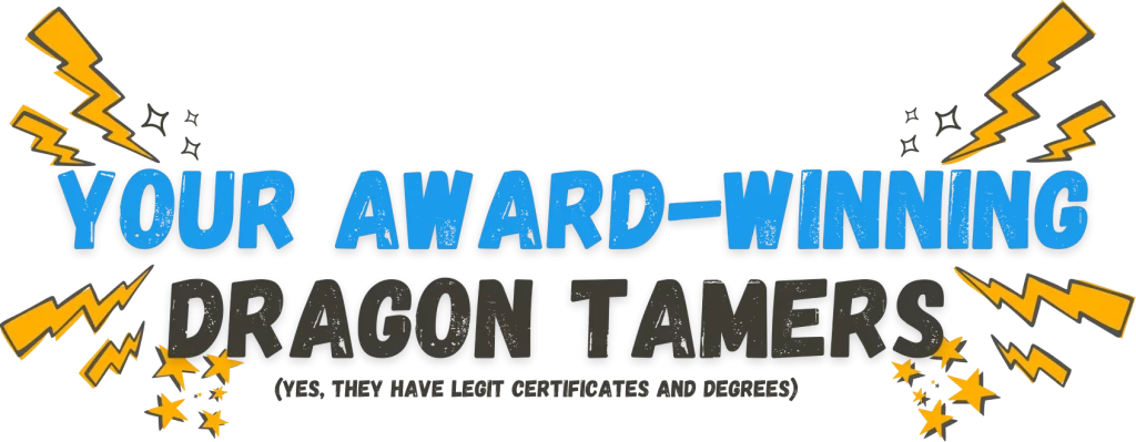 Team hero banner with text 'Your award-winning dragon tamers' surrounded by lightning bolts and stars