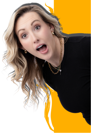 Christina, CPA at Paragon Accounting, playfully leaning with an orange flame graphic background