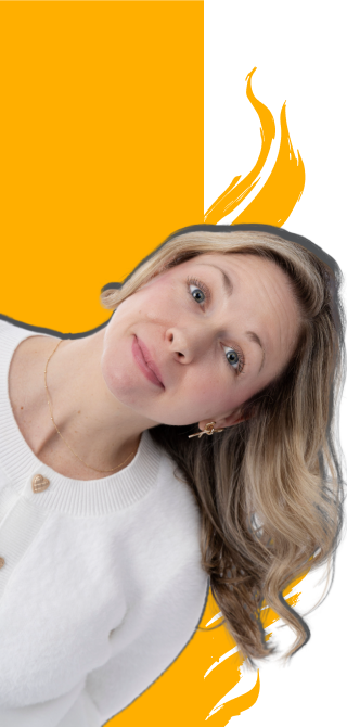 Kristen, CPA at Paragon Accounting, playfully leaning with an orange flame graphic background