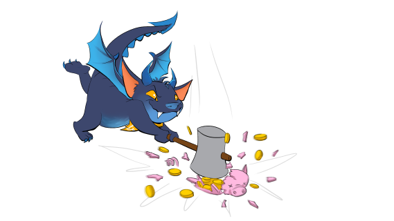 Lil Mischief the dragon smashing a piggy bank with a hammer, symbolizing breaking old money habits and reclaiming profit