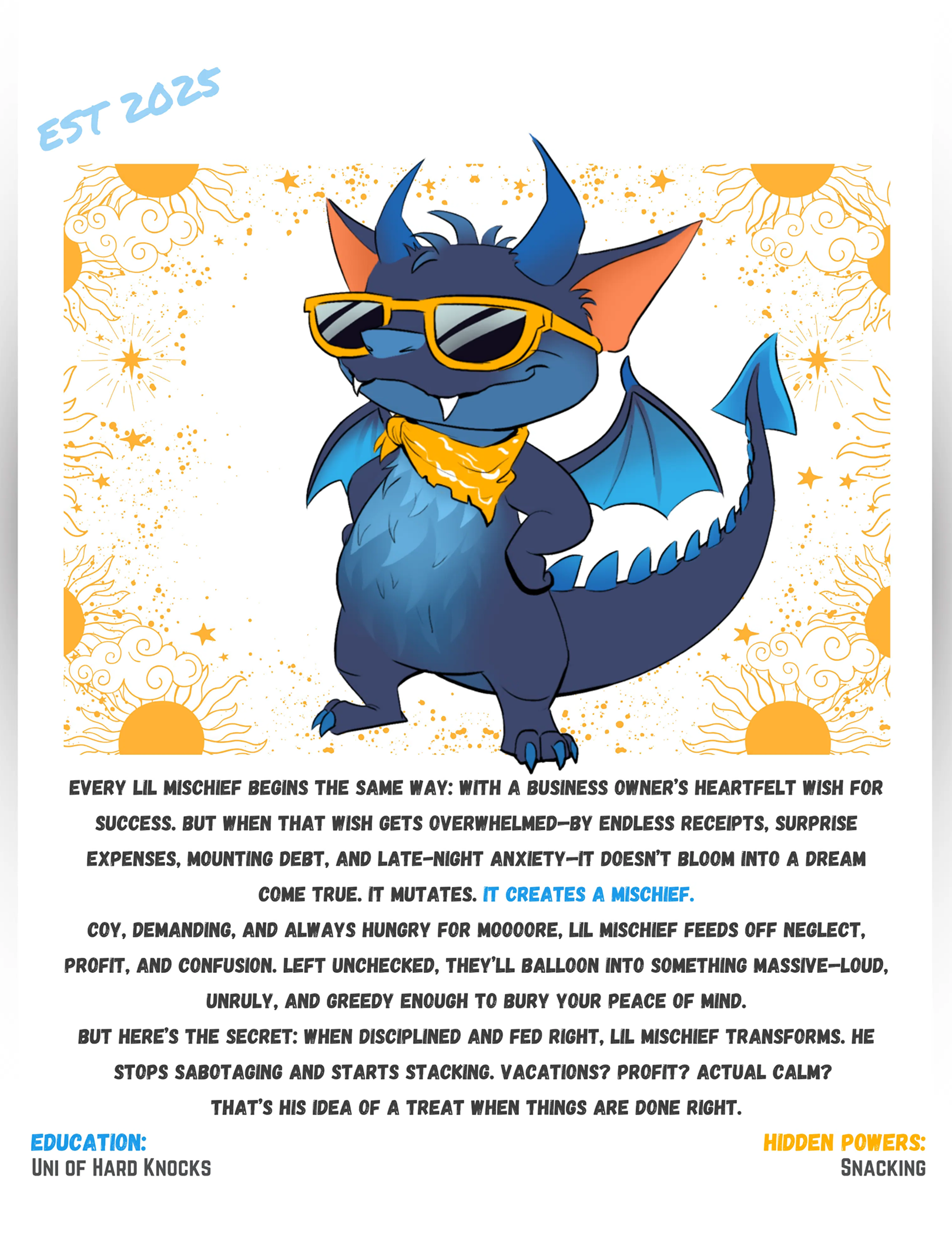 Lil Mischief the dragon mascot wearing sunglasses, showcasing Paragon’s playful brand personality