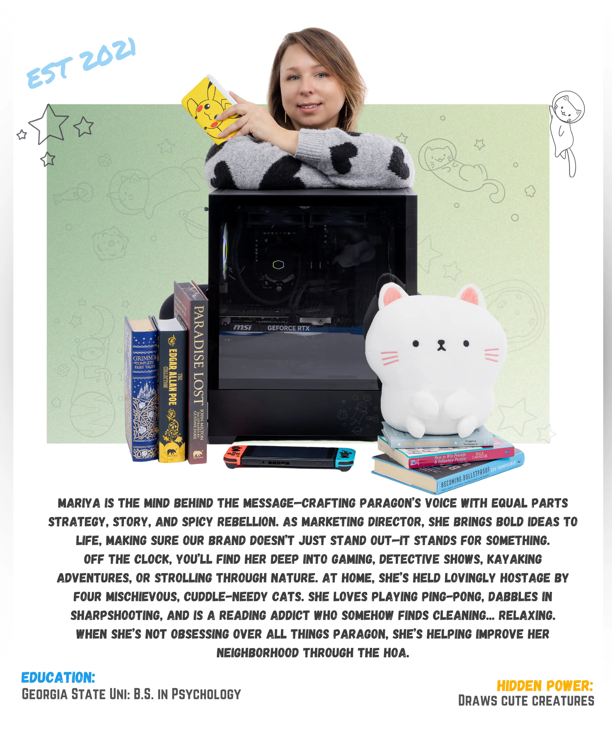 Mariya Dianov surrounded by books, computer, and stuffed animals — hobby photo from Paragon team page